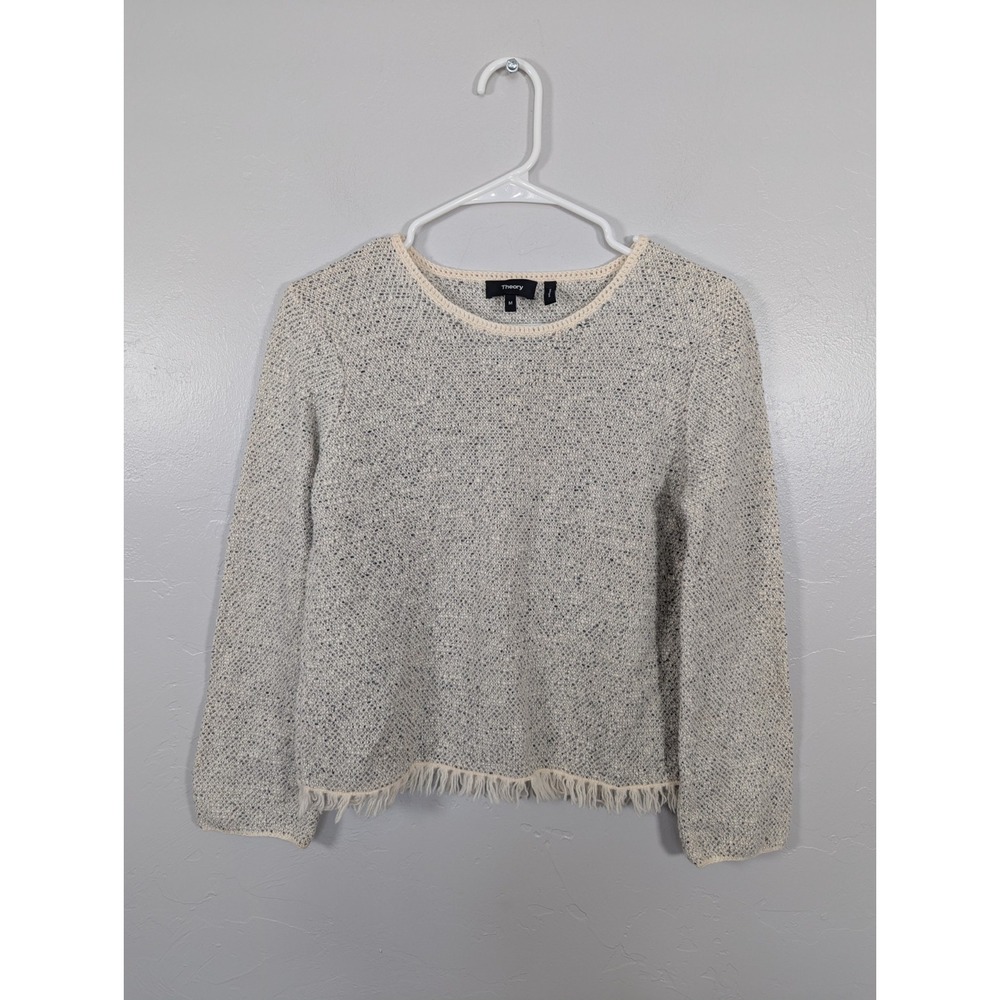THEORY Women Sweater M‎ Vendla Inlay Soft Wool Blend Fringe Minimalist Preppy